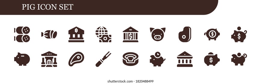 pig icon set. 18 filled pig icons.  Simple modern icons such as: Salami, Bank, Economy, Pig, Meat, Piggy bank, Animal, Piggybank