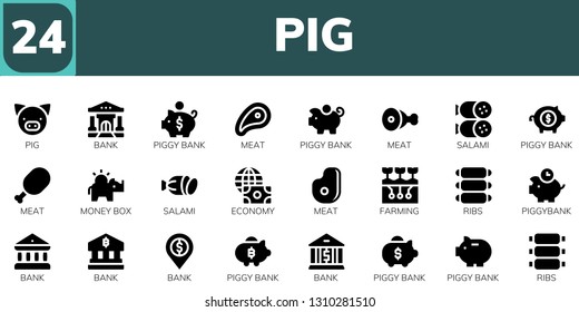 pig icon set. 24 filled pig icons.  Collection Of - Pig, Bank, Piggy bank, Meat, Salami, Money box, Economy, Farming, Ribs, Piggybank