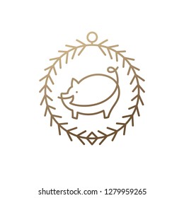 Pig icon in spruce frame . Round christmas frame with hog. Hand drawn vector emblem, illustration in minimalistic style for business design, food and farming industry.