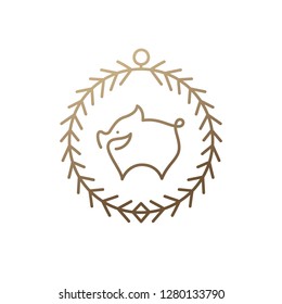 Pig icon in spruce frame . Round christmas frame with hog. Hand drawn vector emblem, illustration in minimalistic style for business design, food and farming industry.