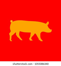 Pig icon. Vector. Orange icon with white holes if exist at red background. Isolated.