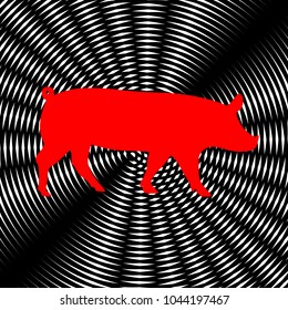 Pig icon. Vector. Red icon on white and black radial interference as background.