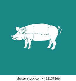 pig icon, vector pig silhouette, isolated butcher shop sign