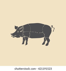 pig icon, vector pig silhouette, isolated butcher shop sign