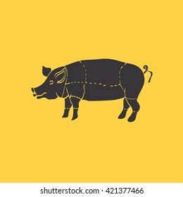 pig icon, vector pig silhouette, isolated butcher shop sign