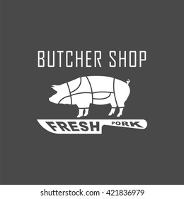 pig icon, vector pig silhouette, isolated butcher shop sign
