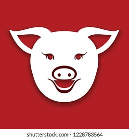 Pig icon. White Pig head on red background. Chinese New Year