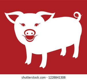 Pig icon. White Pig on red background. Chinese New Year