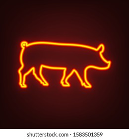 Pig icon. Yellow, orange, red neon icon at dark reddish background. Illumination. Illustration.