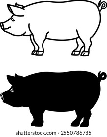 Iconos de cerdo. Ilustraciones vectoriales blancas y negras. Artiodáctilo mamífero. Agricultura, agricultura. Para el diseño de libros para colorear. Concepto de animales domésticos