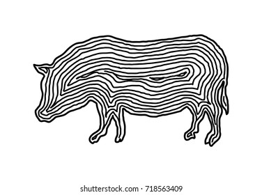 A pig illustration icon in black offset line. Fingerprint style for logo or background design.