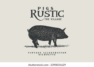 Pig illustration vector design with writing. textured pig silhouette.