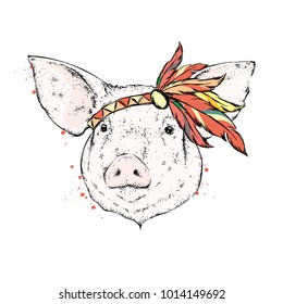 Pig in an Indian feather armband. Indian. Vector illustration.