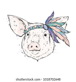 Pig in an Indian feather armband. Indian. Vector illustration.