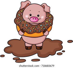 Pig inside chocolate donut on mud
