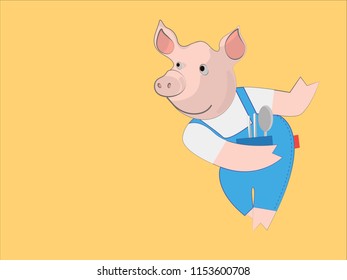 pig invites to eat, he is dressed in a denim overall