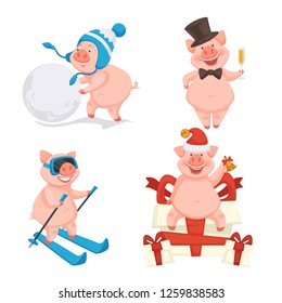 Pig isolated icons New Year hat and snowball bowtie and champagne skis with sticks and mask gift boxes and jingle bell animal zodiac and astrology symbol outdoor activity and celebration vector.