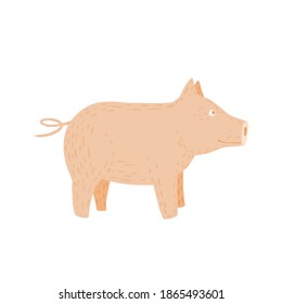 Pig isolated on white background. Funny cartoon character pink color in doodle style vector illustration.
