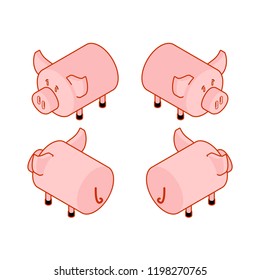 Pig isometric style set. Piggy isometry Farm animal. Vector illustration