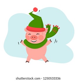 Pig jump in green hat and sckarf isolated on a white background.Cute farm animal pig cartoon character Symbol Christmas and New Year in 2019