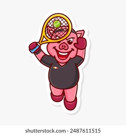 Pig Jumping to smash a tennisball, cute cartoon character of animal doing sport.