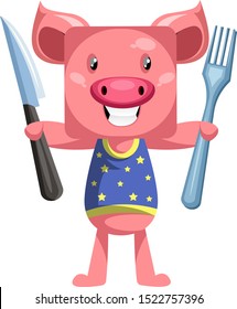 Pig with knife and fork, illustration, vector on white background.