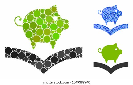 Pig knowledge mosaic of small circles in variable sizes and shades, based on pig knowledge icon. Vector small circles are composed into blue collage.