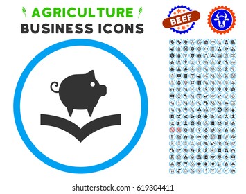Pig Knowledge rounded icon with agriculture business pictogram kit. Vector illustration style is a flat iconic symbol inside a circle, blue and gray colors. Designed for web and software interfaces.