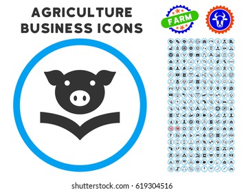 Pig Knowledge rounded icon with agriculture commercial icon kit. Vector illustration style is a flat iconic symbol inside a circle, blue and gray colors. Designed for web and software interfaces.