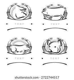 Schweinebezeichnungen und Symbolsatz. Kollektionssymbole Schwein. Vektorgrafik