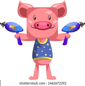Pig with laser guns, illustration, vector on white background.