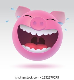 Pig laughs to tears 3d style. Emoticon smile. Pink farm animal