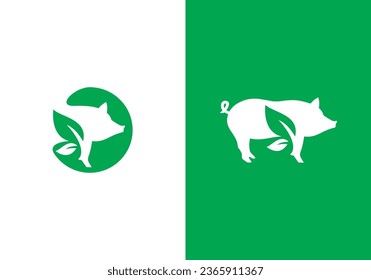 pig with leaf logo design, farm nature vector icon illustration