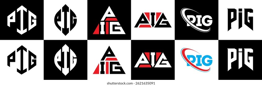 PIG letter logo design in six style. PIG polygon, circle, triangle, hexagon, flat and simple style with black and white color variation letter logo set in one artboard. PIG minimalist and classic logo