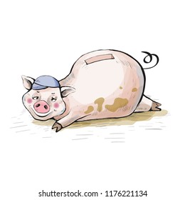 The pig lies in a dirty puddle. On the head cap. Cute funny piggy. Hand-drawn. Cartoon. Vintage, retro. Postcard. Moneybox. Watercolor style