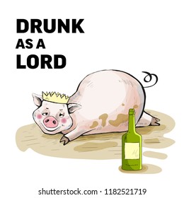 The pig lies in a dirty puddle. On the head cap. Cute funny piggy. Hand-drawn. Cartoon. Vintage, retro. Postcard. Moneybox. Watercolor style