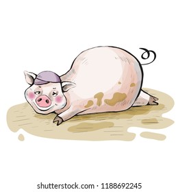 The pig lies in a dirty puddle. On the head cap. Cute funny piggy. Hand-drawn. Cartoon. Vintage, retro. Postcard. Moneybox. Watercolor style