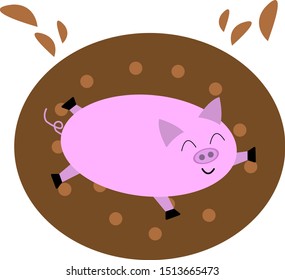 pig lies in a puddle of mud brown drops fly funny animal with a sweet smile emotion of joy and happiness
