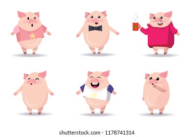 Pig like man character set with different poses, emotions, gestures. Parts of bow tie, sweater, tshirts, hot drink. Can be used for topics like animal, behavior, fashion
