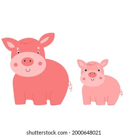 Pig and little pig on a white background. Illustration on the theme of the farm and pets.