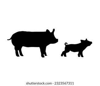 Pig and little piglet silhouette. Domestic animal family lives in a farm. Mammal swine. Symbol of pork meat