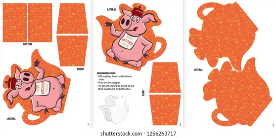 Pig little teapot with an inscription on the bib New Year 2019. Tea bags, candies, coffee gift product box for cutting. Chinese traditional pattern. Empty label Designer vector template illustration