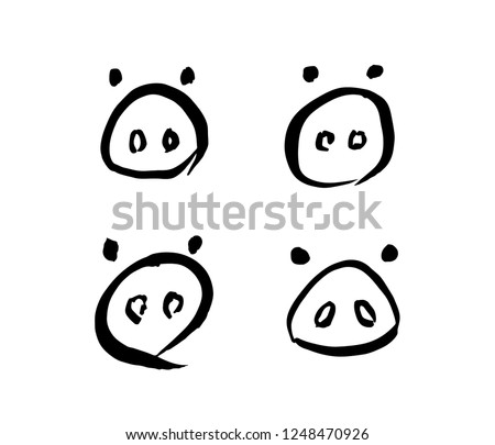 Pig logo. Cartoon pig's nose with eyes. Set of four pigs' noses. Ink drawing. Stock vector illustration.