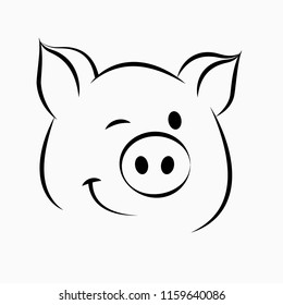 Pig logo. Cartoon pig wink and smiles. Simple drawing. Stock vector illustration.