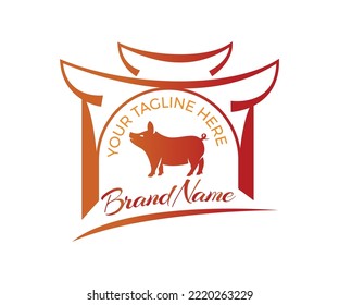 Pig Logo Design. Abstract Logo With Pig And Gate Elements. Livestock Logo, Farm Animal Sign. Suitable For Fresh Meat Premium Quality Pork Healthy Eating, Natural Farm And Organic Agricultural Products