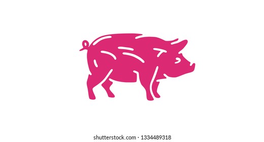 Pig logo. Farm template. Simple cartoon design icon, emblem. View from side, profile. Realistic silhouette. Flat style vector illustration.