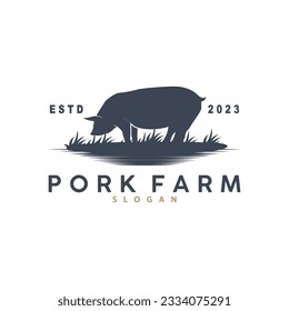 Pig Logo, Grilled Pork Pig Simple Rustic Stamp, Livestock Cattle Vector, BBQ Barbecue Emblem Badge Vintage Design Inspiration