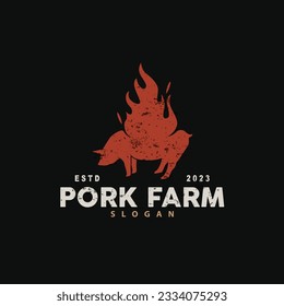 Pig Logo, Grilled Pork Pig Simple Rustic Stamp, Livestock Cattle Vector, BBQ Barbecue Emblem Badge Vintage Design Inspiration