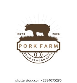 Pig Logo, Grilled Pork Pig Simple Rustic Stamp, Livestock Cattle Vector, BBQ Barbecue Emblem Badge Vintage Design Inspiration