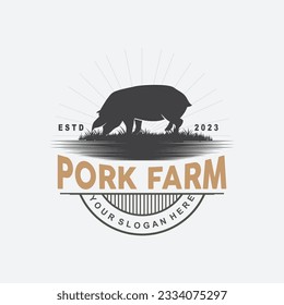 Logotipo de cerdo, cerdo a la parrilla, sello rústico simple, vector de ganado, barbacoa de barbacoa Emblem Badge Vintage Design Inspiración